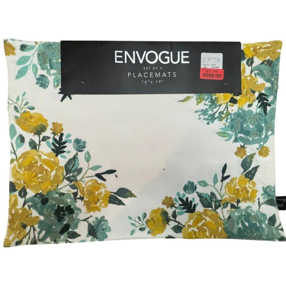 EnVogue Placemats Home OS Set of 4 Yellow Teal NWT Floral Embroidered 14x19